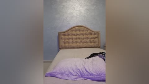 Media: Video of a simple bedroom with a beige upholstered headboard, a light blue textured wall, and a bed with a white sheet and a purple blanket.