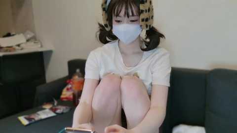 Media: Video of a young woman with pale skin and short black hair, wearing a white t-shirt, face mask, and leopard-print headband, sitting on a dark sofa, reading a magazine, with a cluttered background.