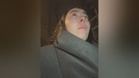 Media: Video of a young woman with fair skin and brown hair, wearing a grey, ribbed sweater, standing in a dimly lit room with a soft, warm glow.