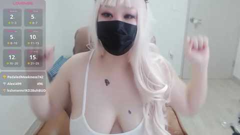 Media: Video of a fair-skinned woman with long, wavy platinum blonde hair, wearing a black face mask, white tank top, and a black bra, with visible cleavage. She is indoors, in a room with a white door and tiled floor, with a digital thermometer displaying her temperature.