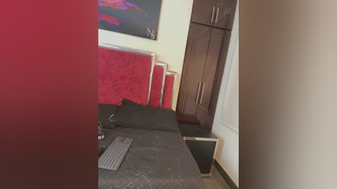 Media: Video of a small, sparsely furnished bedroom with a red headboard, black bedspread, and a wooden wardrobe. A laptop and keyboard sit on the bed.