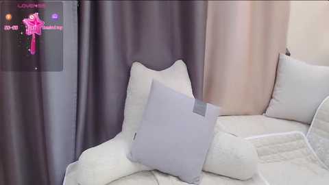 Media: Video of a modern, minimalist bedroom with beige and gray curtains, white pillows, and a gray cushion on a white bedspread. A flat-screen TV displays a pink character on a pink background.