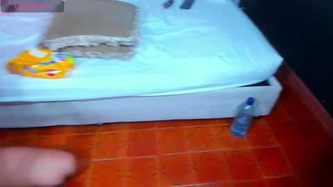 Media: Video of a messy, orange-tiled bathroom floor with a white toilet and a partially opened toilet seat. A half-eaten sandwich is visible, with a small, colorful cup nearby.