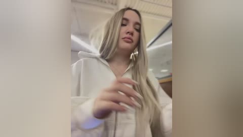 Media: Video of a young blonde woman with long hair, wearing a white hoodie, standing in a dimly lit room with beige walls and recessed lighting.