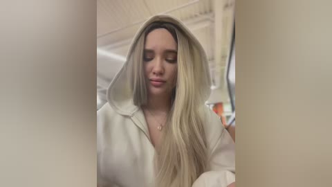 Media: A video of a fair-skinned woman with long, straight blonde hair, wearing a white hoodie, looking down with a soft smile. Background shows a blurred, beige ceiling and part of a room.