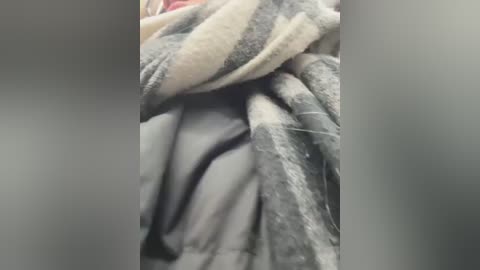 Media: A close-up video of a person's hand wrapped in a gray and beige plaid blanket, with a hint of a red shirt visible underneath. The texture of the blanket is soft and cozy.