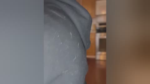 Media: Video of a close-up view of a person's upper thigh and buttock, showing a smooth, slightly shiny, grey fabric material. Background features a kitchen with stainless steel appliances and wooden cabinets.