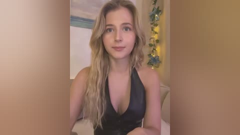 Media: Video of a young woman with long blonde hair, fair skin, and a slim physique, wearing a black halterneck dress, standing indoors with beige walls and greenery in the background.