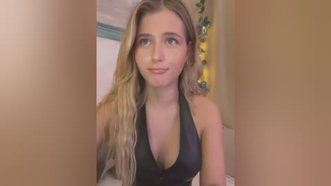 Media: Video of a young woman with long, wavy blonde hair and blue eyes, wearing a black halter top, seated indoors with blurred background.