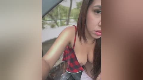 Media: Video of a young Asian woman with long brown hair, wearing a red plaid top, exposing cleavage, sitting on a car roof, outdoors.