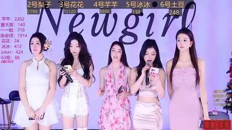 Media: Video of five Asian women, diverse in dress and hairstyle, on a stage, singing and holding microphones, against a \"New Girl\" backdrop.