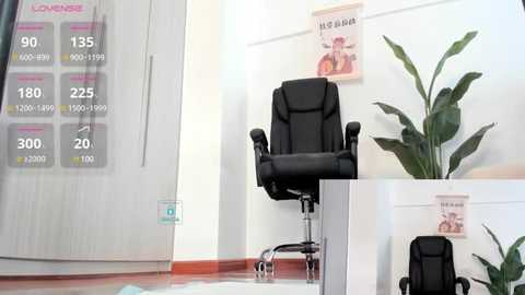 Media: Video of a modern office with a black ergonomic office chair, a potted plant, and a poster on a white wall.