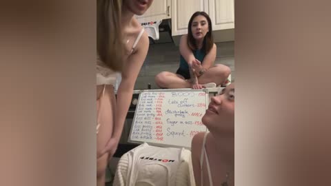 Media: Video of three young women in a kitchen: two topless, one partially clothed, playing a game with a chalkboard.