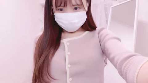 Media: Video of an East Asian woman with long brown hair, wearing a white surgical mask and a light pink cardigan, standing in a white-tiled bathroom.