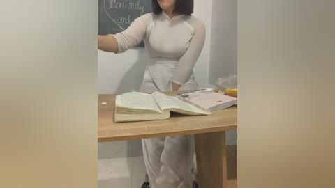 Video of a woman with straight black hair, wearing a white blouse and pants, standing at a wooden desk with an open book and papers. She gestures with her right hand. Background includes a chalkboard and a wall.