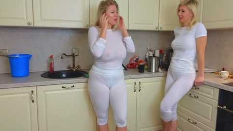 Media: Video of two blonde women in white long-sleeve tops and leggings, touching their faces in a modern kitchen with white cabinets, blue bucket, sink, and utensils.