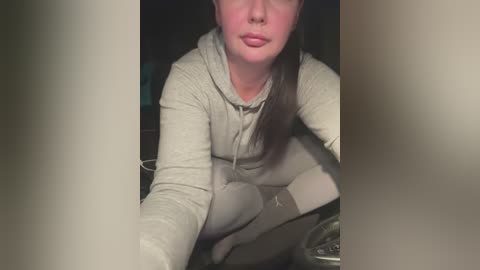 Media: Video of a fair-skinned woman with long brown hair, wearing a grey hoodie, crouched in a dimly lit room, with her lips slightly parted.