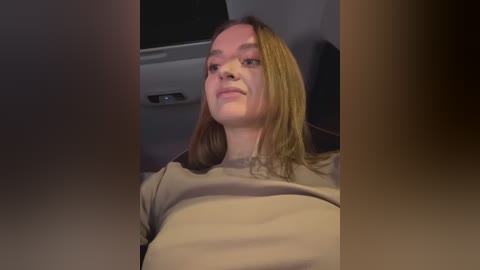 Media: A video of a young woman with long, straight, light brown hair, wearing a beige sweater, seated in a car's backseat. The background shows a dark interior with a visible window. The image has a soft, warm tone.