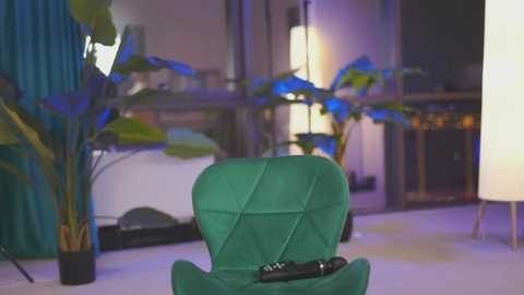 Media: Video of a modern, dimly lit room featuring a green, quilted armchair with a black bag on its seat, surrounded by large, blue leaf-shaped plants and modern lighting fixtures.