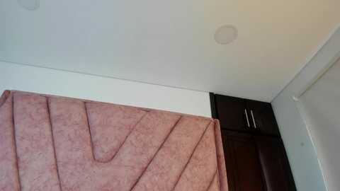 Media: Video of a modern, minimalist interior: a white ceiling with recessed lighting, a large, textured pink curtain with a wavy design, and dark wooden cabinets in the background.