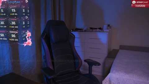 Media: Video of a dimly lit bedroom with a black gaming chair and a white dresser, illuminated by a computer screen showing a game interface.