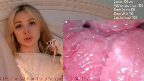 Media: A video juxtaposes a young blonde woman in a beige sweater with a close-up of a pink, glistening vaginal canal, accompanied by detailed statistics on camera settings and gifts.