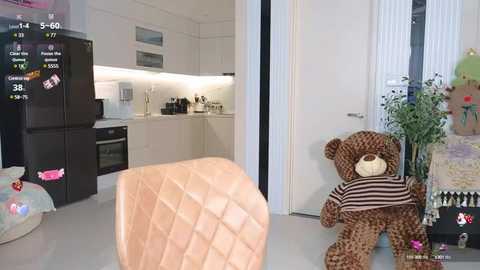 Media: A video of a modern kitchen with a beige quilted chair, a large brown teddy bear in a striped shirt, and a black fridge, alongside a door with a potted plant.