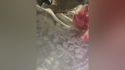 Media: A blurry video showing a person's hand, possibly female, wearing pink gloves, immersed in a pile of white lace fabric, likely in a sewing or crafting environment.