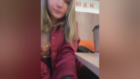 Video of a young woman with blonde hair, wearing a maroon jacket, seated at a table in a restaurant with orange walls and a white menu board in the background.