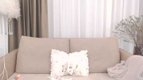 Media: Video of a beige sofa with a white floral pillow, soft beige curtains, and a large vase of dried flowers in the background.