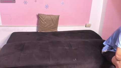 Media: A video of a pink-painted room with a black futon mattress on the floor. A beige cushion is placed on the mattress. A person in a blue shirt stands near the futon.