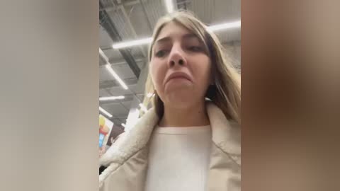 Media: Video of a young Caucasian woman with light skin and straight, shoulder-length blonde hair, wearing a beige jacket and white top, making a pouty face in a brightly lit, industrial setting with exposed pipes and fluorescent lights.