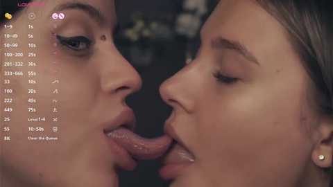 Media: Video of two women, possibly in their 20s, with fair skin, close together, their tongues touching. They wear minimal makeup, and the background is blurred. The image has a digital, possibly smartphone screen overlay.