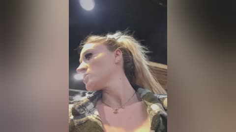 Media: Video of a Caucasian woman with light skin and blonde hair tied in a ponytail, wearing a plaid shirt and a necklace. She has a serious expression, looking to the left. Background is blurred and dark.