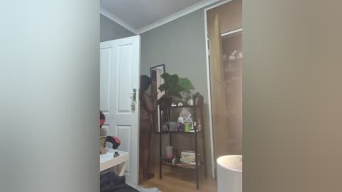 Media: A video of a compact, minimalist bedroom with light gray walls, a white door, and a partially open closet door revealing a wooden shelf with green plants and books. A person in a red dress is reflected in a mirror, standing beside a white table.