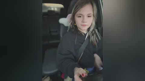 Media: Video of a young girl with blonde hair, wearing a black jacket, seated in a car with a seatbelt, blurred background.