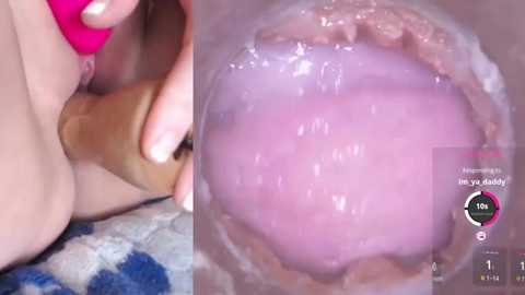 Media: Video of a woman's hand holding a pink vibrator, inserting it into her vagina, with a close-up view of the pink, moist inner vaginal canal. The background is a blue and white patterned towel.