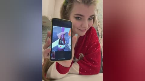 Media: Video of a young woman with light skin and blonde hair, wearing a red sweater with white stars, taking a selfie with her phone, showing a cartoon character on the screen.