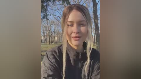 Media: Video of a young woman with long, blonde hair, wearing a black, textured sweater, smiling outdoors in a park with bare trees and green grass.