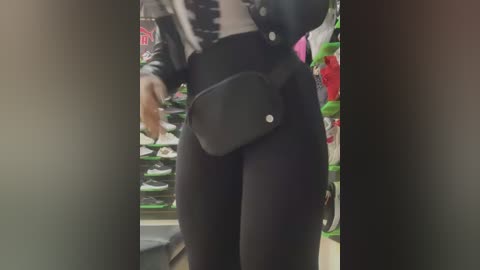 Media: Video of a person wearing a black leather jacket and tight black leggings. A black cross-body purse is visible. Background shows a store with shelves of shoes.