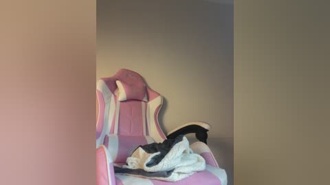 Media: Video of a pink and white gaming chair with a black pillow and white blanket, placed against a beige wall, creating a minimalist, sparsely furnished room with soft lighting.