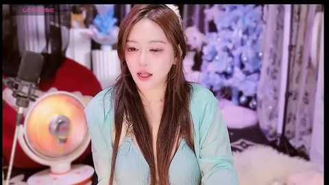 Media: Video of a young Asian woman with long brown hair, wearing a light blue blouse, in a studio with a bright lamp and blurred background.