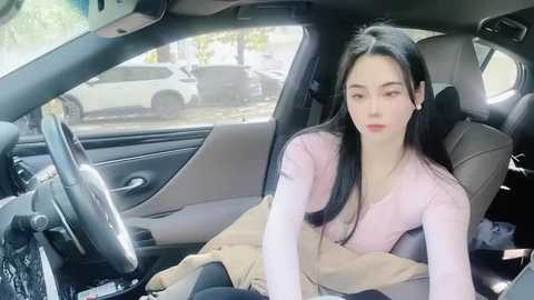 Media: A video of a young Asian woman with long black hair, wearing a pink sweater, sitting in a car with a beige blanket, surrounded by parked cars in a residential area.