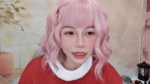 Media: A video of a young woman with light pink, wavy hair and fair skin, wearing a red sweater with a white collar, against a pastel background with a potted plant and lantern.