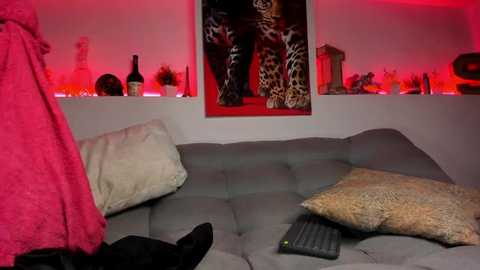 Media: Video of a cozy living room with a plush gray sofa, adorned with a black cat, a beige cushion, and a remote control. The background features a vibrant, patterned wall hanging and red ambient lighting, creating a warm, inviting atmosphere.