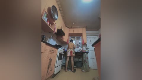 Media: Video of a cluttered, dimly lit kitchen with wooden cabinets and white appliances. A woman in a red apron stands cooking.