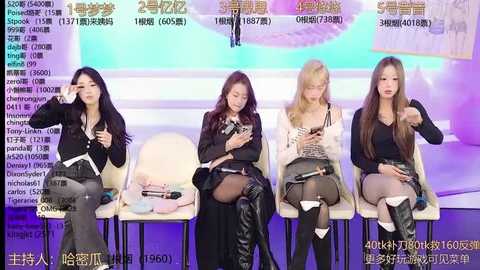 Media: Video of four Asian women in black outfits, seated on white chairs, attentively looking at smartphones, against a colorful backdrop with Chinese text.