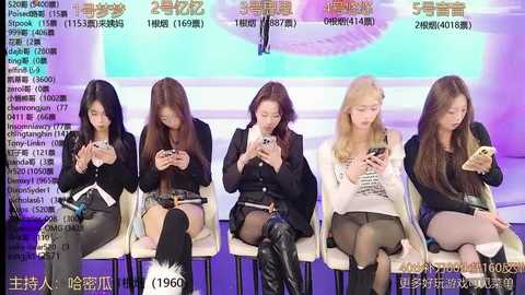 Media: Video of five Asian women, each wearing different black outfits, sitting on white chairs, intently using smartphones. Background shows a large screen displaying Chinese text and images.