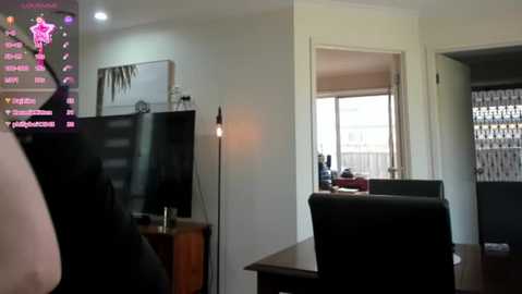 Media: Video of a modern, minimalist living room with a TV displaying a starry night scene, black leather furniture, and a decorative wall art piece.