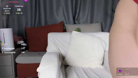 Media: Video of a cozy living room with white couch, red pillows, and gray curtains. A person, likely female, is partially visible in the foreground.